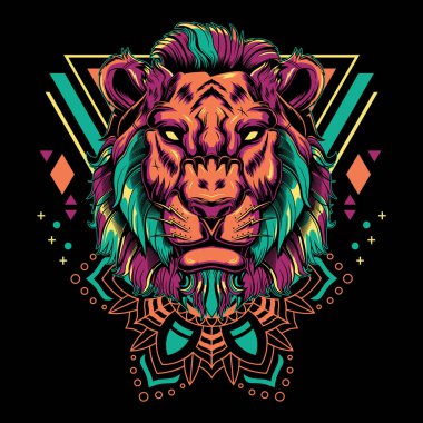 Cool Lion Vector Mandala Geometri Çizimi Siyah Tişört Grafikleri, Kapüşonlular, Tank Toplar, Kupalar, Telefon Kutuları, Çıkartmalar, Posterler vs. 