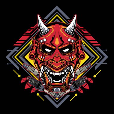 Japon şeytan maskesi kabile kutsal geometrisi ile T-Shirt Grafikleri, Kapüşonlular, Tank Topları, Kupalar, Telefon Kutuları, Etiketler, Posterler vs. 