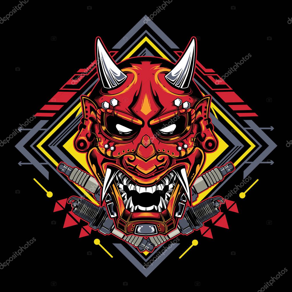 Japanese demon mask with tribal sacred geometry for T-Shirt Graphics, Hoodies, Tank Tops, Mugs, Phone Cases, Stickers, Posters etc