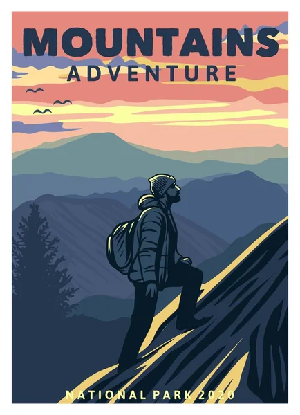 Șablon poster drumeții montane în stil retro vintage cu alpinist om și fundal montan — Vector de stoc