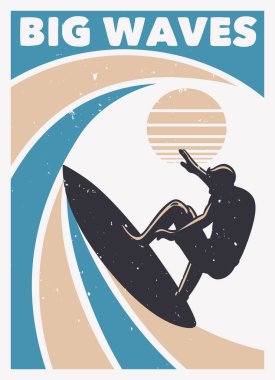 Büyük dalgalar eski model poster şablonu üzerinde sörf yapıyor