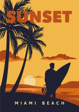 Sunset Miami Beach poster illüstrasyonları klasik sörf stili