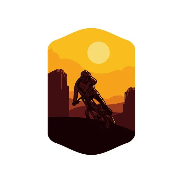 Иллюстрация горный велосипедный фон желтое солнце. дизайн плаката с логотипом логотипа — стоковый вектор