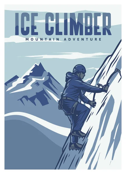 산악 지역을 배경으로 한 고전적 인 역 스타일의 포스터 템플릿을 오르는 등산가 — 스톡 벡터