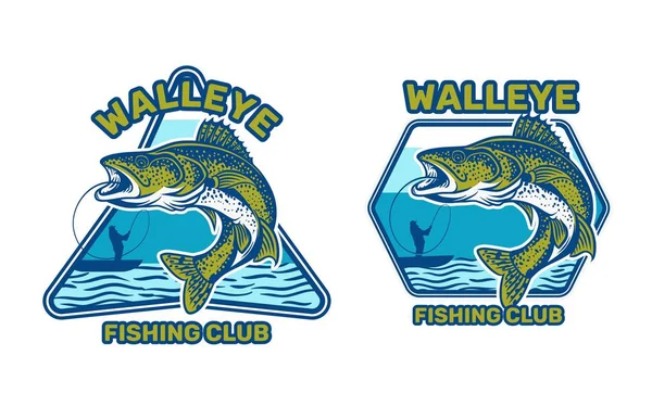 Walleye Balıkçılık Kulübü, Walleye Nehre atlamak Kano balıkçılığında bir adama yakalanmak — Stok Vektör
