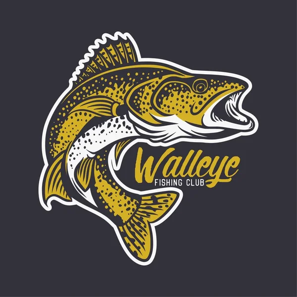 Ilustración del logotipo del club de pesca walleye en fondo negro — Vector de stock