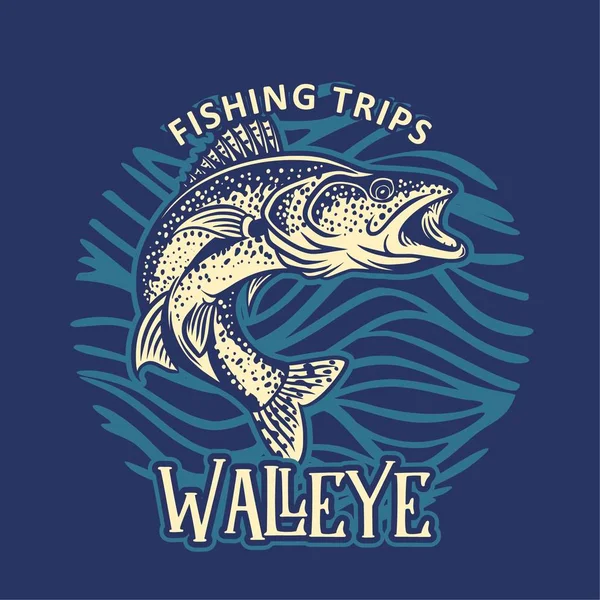 Walleye fishing trips t shirt design vintage retro water ornament — Stock Vector