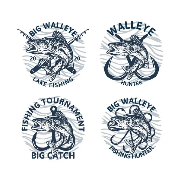 Set of walleye fishing logo club tournament big catch, vintage emblem badge — Stock Vector