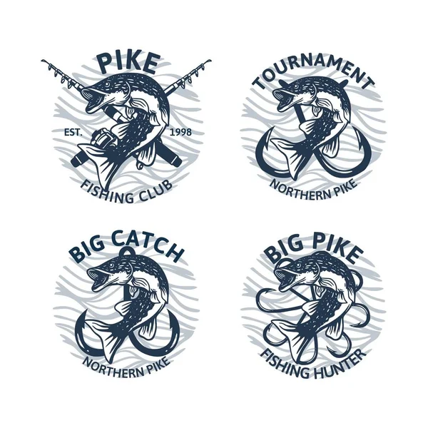 Set of northern pike fishing logo club tournament big catch, vintage emblem badge — Stock Vector