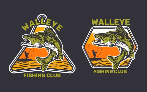 Walleye club de pesca, walleye saltar sobre el agua la captura por el hombre en la pesca en kayak — Vector de stock