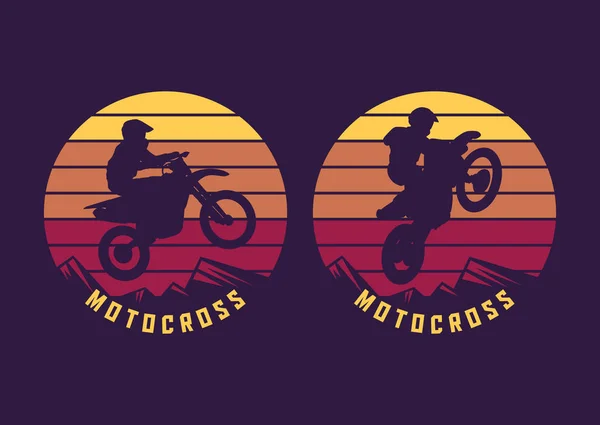 Motocross hoppa silhuett med solnedgång bakgrund vintage retro illustration — Stock vektor