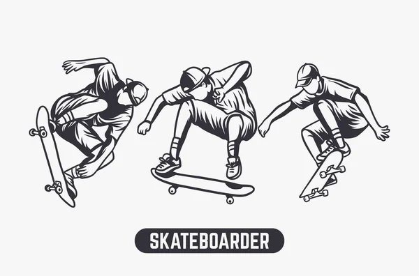 Skateboarder illustration en noir et blanc élément design — Image vectorielle