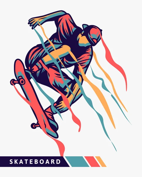 Skateboarder ilustración colorida ilustración saltando con efecto de movimiento — Vector de stock