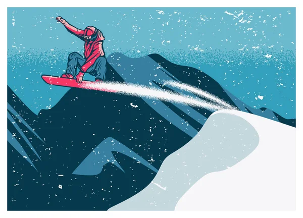 Snowboarder volando sobre la nieve con fondo de montaña plantilla cartel vintage — Archivo Imágenes Vectoriales