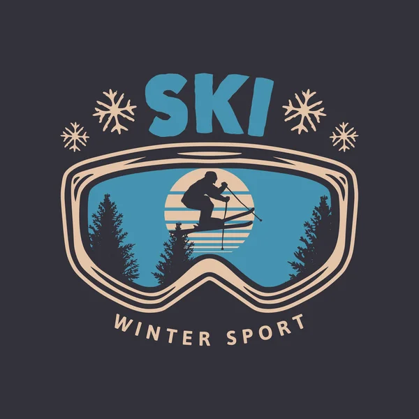 スキー冬のスポーツヴィンテージタイポグラフィTシャツデザインとメガネとスキーシルエット — ストックベクタ