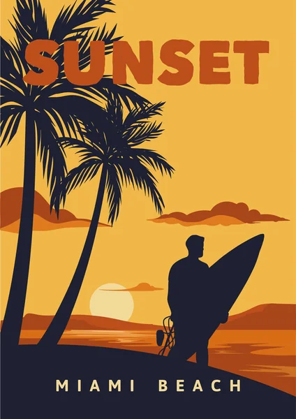 Coucher de soleil miami plage affiche illustration surf vintage rétro style — Image vectorielle