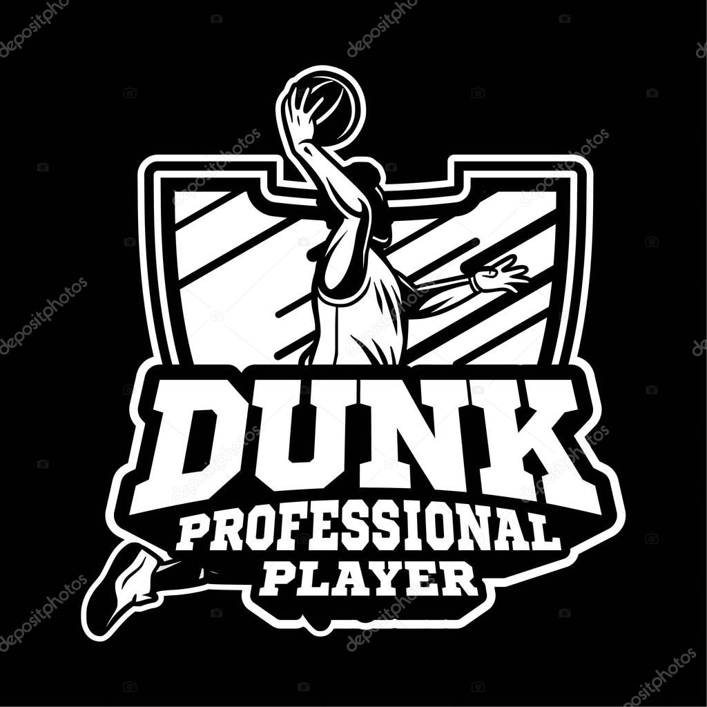 Dunk professional player in modern sign or badge for your basketball team black and white