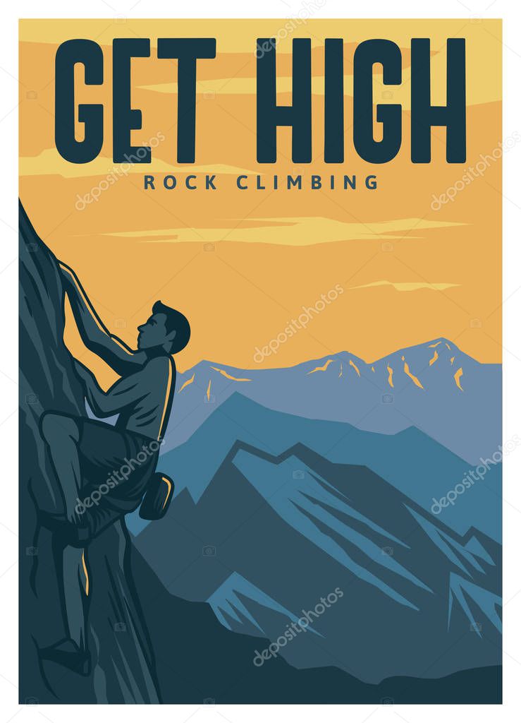 Get high rock climbing poster template in vintage retro style with mountain background