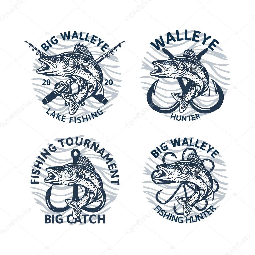 set of walleye fishing logo club tournament big catch, vintage emblem badge