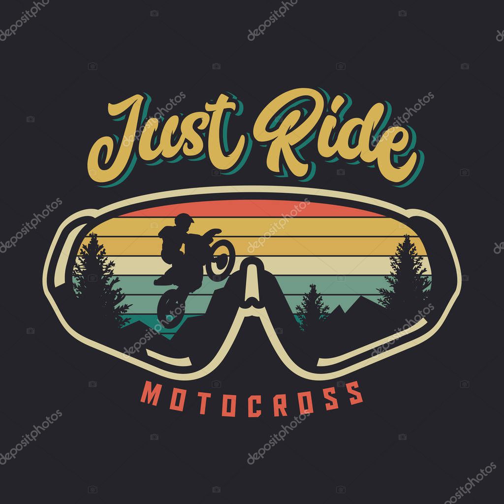Just ride motocross with glasses and sunset background vintage retro illustration