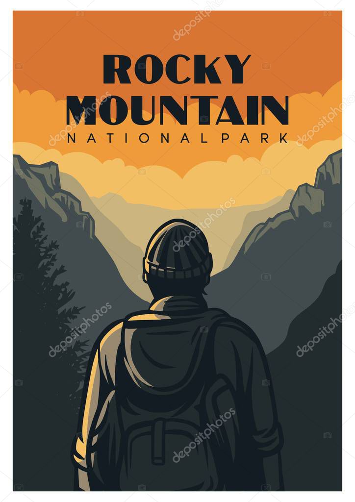 Rocky mountain national park poster design in retro of vintage style