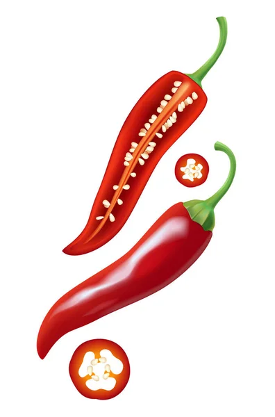 Hot chili pepper, slices and seeds, on a white background. — Stock Photo, Image