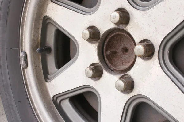 Close up old and rust car wheel — Stock Photo, Image