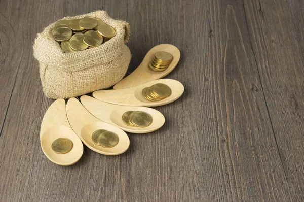 Monedas de oro en cuchara de madera con saco marrón de monedas —  Fotos de Stock