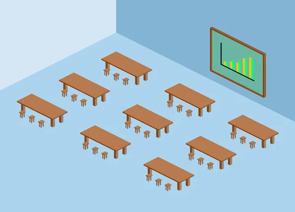 棕色的桌子和椅子，绿色黑板和图表等轴测图 — 图库照片