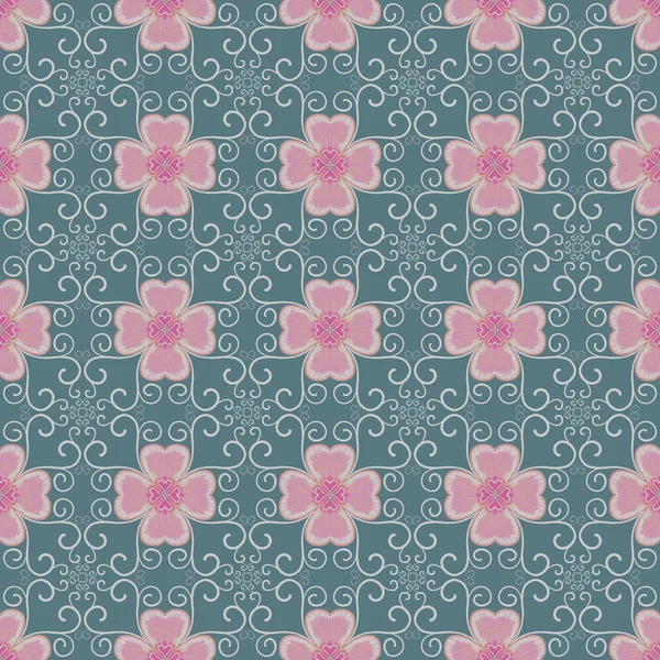 粉红色的花和常春藤绿色背景无缝模式 — 图库照片