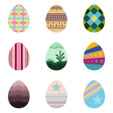 Mutlu Paskalya bayramı illüstrasyonunda beyaz zemin üzerinde güzel desenli paskalya yumurtaları..