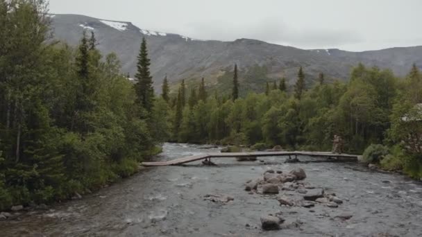 Resenären korsar träbron över den vackra bergsfloden i den natursköna skogen. Hibini — Stockvideo