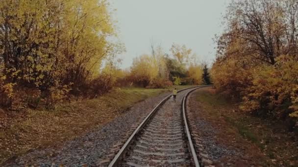 Вид з повітря. Самотня дівчинка з ведмедем на плечах на залізниці — стокове відео