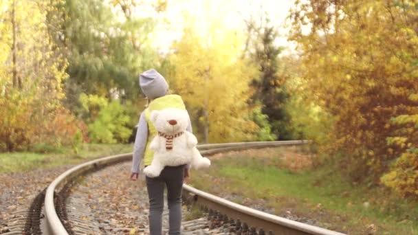 Copiar pasta. Vista trasera de la niña solitaria caminando en el ferrocarril con el oso de peluche — Vídeo de stock
