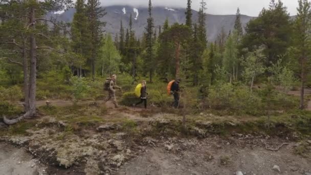 Lassú mozgás a hegymászók túrázás a hegyekben. A nagy hátizsákkal rendelkező turisták csoportja az erdei úton halad.. — Stock videók