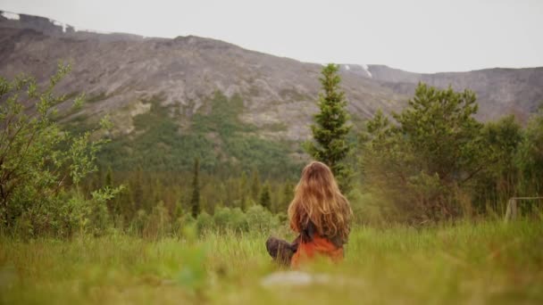 Joven excursionista Mujer con el pelo largo sentado en la hierba y mira a las montañas — Vídeos de Stock