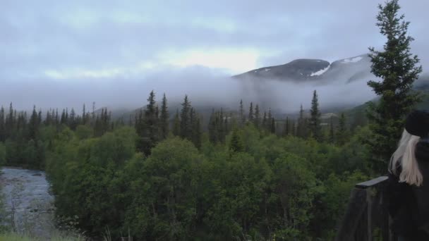 Pohled zezadu na dívku dívající se na mlhu v horách. Koncept dovolené, cestování a dobrodružství — Stock video