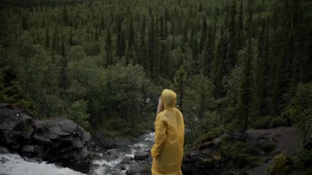 少女は岩の上に立って、山と地平線を見てのバックビュー。休暇、旅行、冒険の概念 — ストック動画