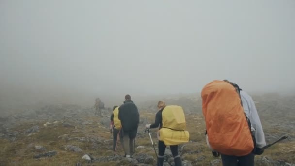 Альпинисты в горах. Группа туристов с большими рюкзаками идет туманной долиной — стоковое видео