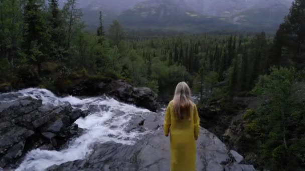 Πίσω όψη του κοριτσιού στέκεται στο βράχο και κοιτάζοντας τον ορίζοντα με τα βουνά. Έννοια διακοπών, ταξιδιού και περιπέτειας — Αρχείο Βίντεο