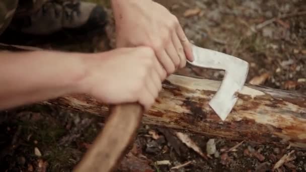 Um homem com um machado cortou um tronco de madeira . — Vídeo de Stock