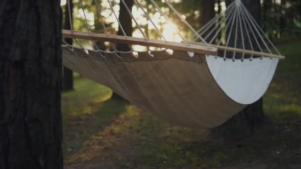 White hammock in garden, close-up. Empty hammock for relaxing — Stock Video