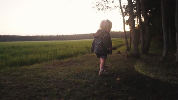 Mooi klein meisje met zaklamp, buitenkampactiviteit — Stockvideo