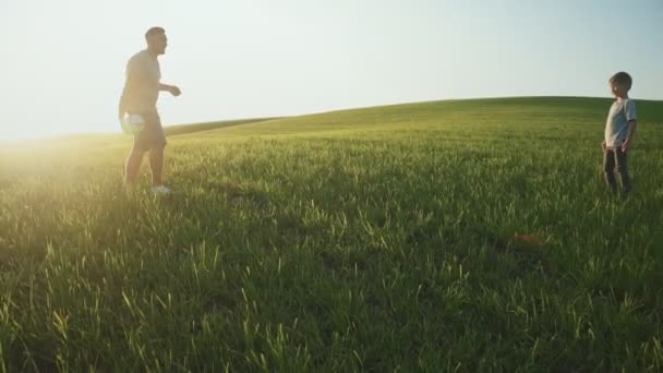 Giovane padre con il suo piccolo figlio si stanno divertendo e giocando a calcio sul prato erboso verde al tramonto — Video Stock
