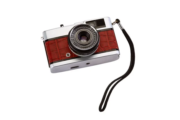 Vecchia fotocamera fotografica compatta pellicola con pelle di coccodrillo isolare finitura Fotografia Stock