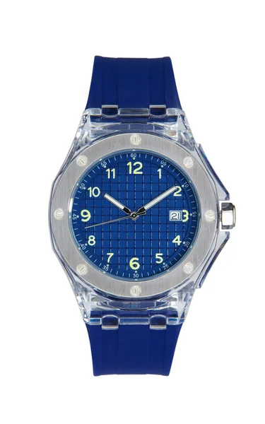Серебряные наручные часы изолированные белый синий пластиковый браслет — стоковое фото