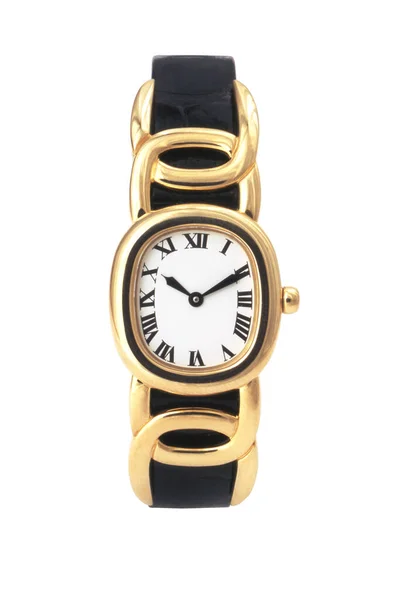 Reloj de pulsera de oro aislado en blanco con camino de recorte — Foto de Stock
