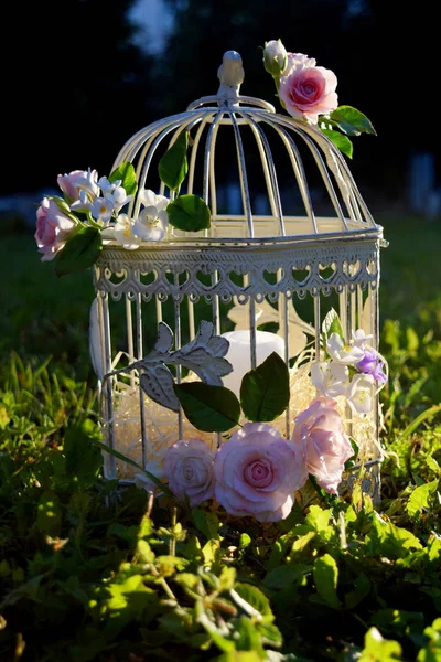 Bird cage with spring blossom flowers. Wedding decorations. Royalty Free Stock Images