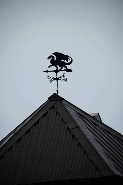 Black dragon wind vane against the sky.
