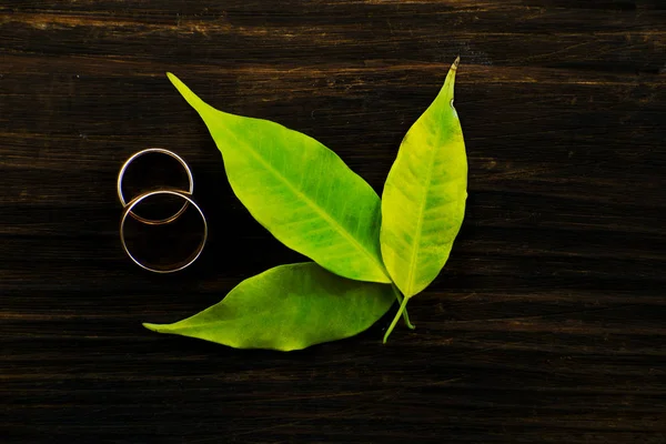 Anillos de boda con hoja verde sobre fondo de madera vintage . — Foto de Stock